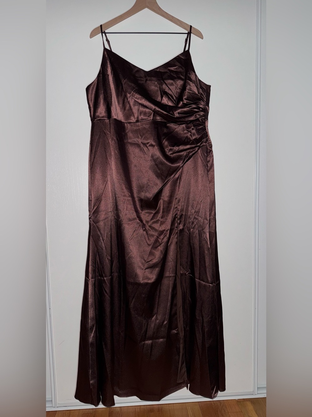 Birdy Grey Catherine Satin Maxi Side Slit Dress Chocolate Brown 1X Ruched Side